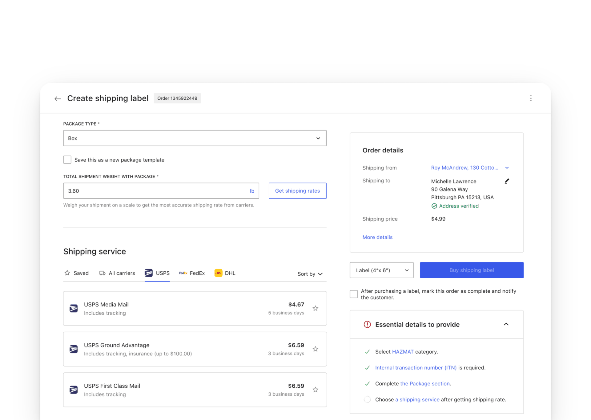 The shipping label flow with the refined info-box and validation checklist